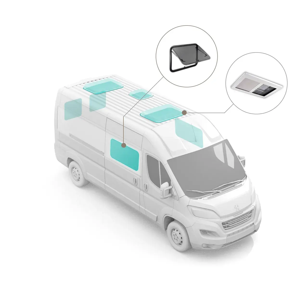 Diagram som viser plassering av vinduer og takluker